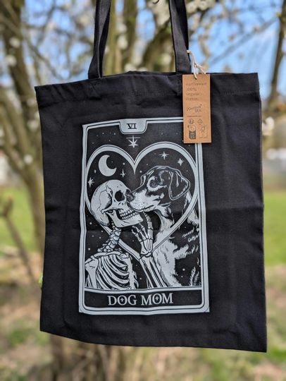 Discover Bohemian Tarot Skeleton Dog Mom Organic Tote Bag, Reusable Shopping Bag, Eco-Friendly Grocery Tote, Black Cotton Bag, Witchy Market Bag