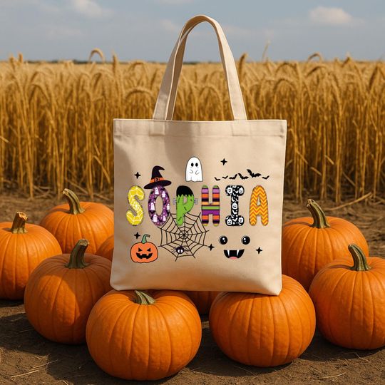 Discover Personalized Halloween Tote Bag | Custom Name Trick or Treat Bag with Ghost Pumpkin Spider Web | Kids Spooky Candy Bag