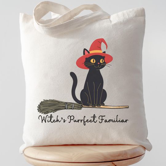 Discover Witch's Cat Tote Bag, Halloween Trick or Treat Bag, Personalized Cat Lover Gift, Customizable Canvas Bag, Adorable Feline Bag