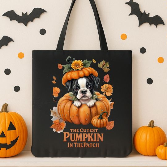 Discover Boston Terrier Pumpkin Tote Bag Halloween Dog Lover Gift Fall Trick or Treat Bag Boston Terrier Mom Reusable Tote