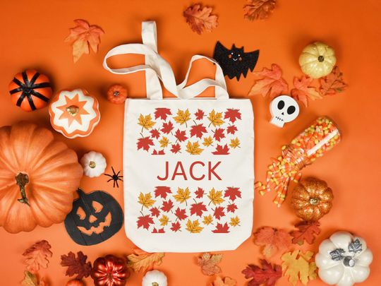 Discover Custom Trick or Treat Bag | Halloween Trick or Treat Tote Bag | Classic Fall Leaf Name Tote | Personalized Trick or Treat Bucket