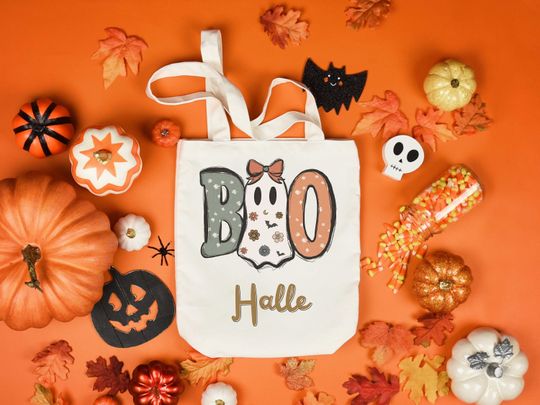 Discover Cute Boo Trick or Treat Bag | Halloween Tote Bag | Cute Boo Name Tote | Personalized Trick or Treat Bucket