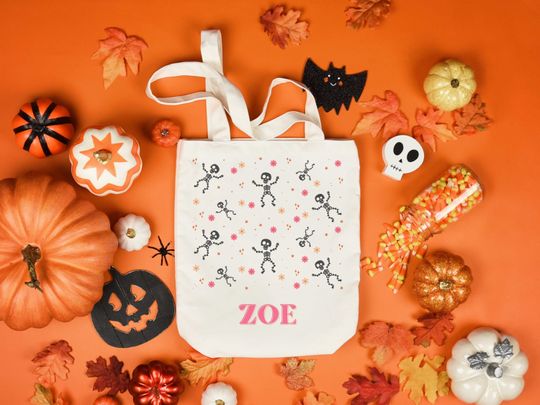 Custom Trick or Treat Bag | Halloween Trick or Treat Tote Bag | Dancing Skeleton Name Tote | Personalized Trick or Treat Bucket