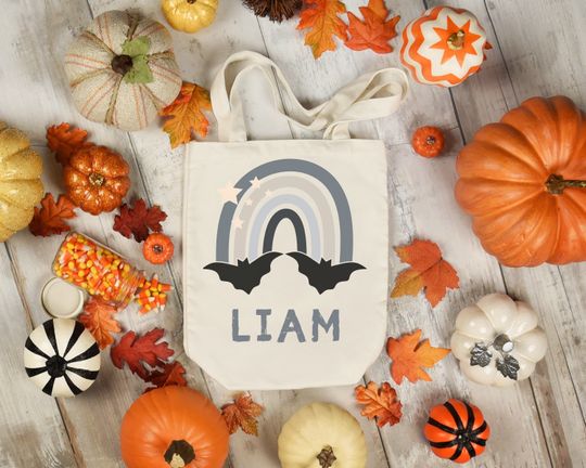 Custom Trick or Treat Bag | Halloween Trick or Treat Tote Bag | Bat Boy Name Tote | Personalized Trick or Treat Bucket