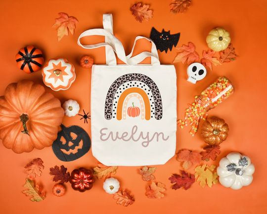 Discover Custom Trick or Treat Bag | Personalized Trick or Treat Bucket | Girl Rainbow Name Tote | Halloween Trick or Treat Tote for Kids