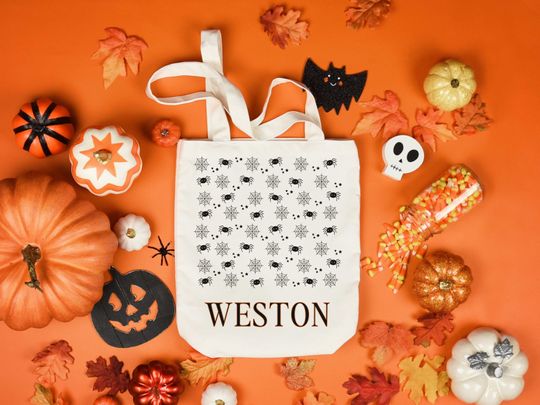 Discover Custom Trick or Treat Bag | Halloween Trick or Treat Tote Bag | Spooky Spider Name Tote | Personalized Trick or Treat Bucket