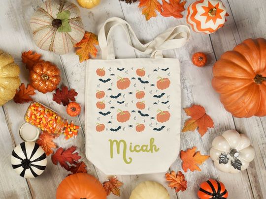 Discover Custom Trick or Treat Bag | Halloween Trick or Treat Tote Bag | Classic Pumpkin Name Tote | Personalized Trick or Treat Bucket