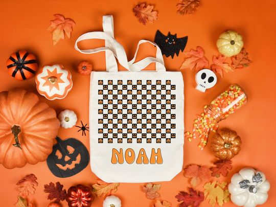 Discover Retro Trick or Treat Bag | Halloween Trick or Treat Tote Bag | Classic Retro Name Tote | Personalized Trick or Treat Bucket