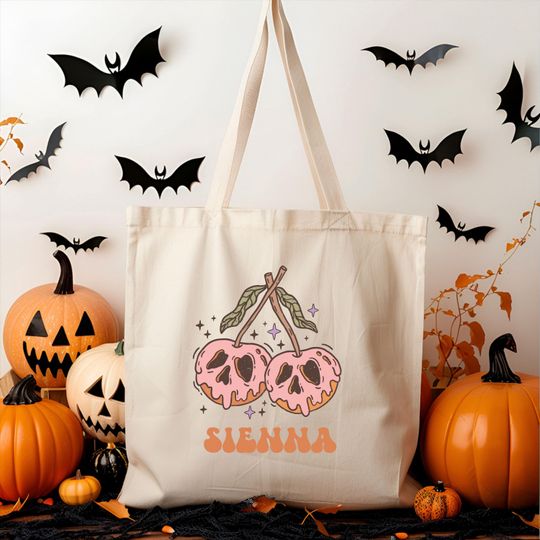 Discover Personalized Trick or Treat Bag, Custom Name Halloween Bag, Cherry Halloween Tote, Kids Candy Bag with Name, Custom Trick-or-Treat Tote Bag