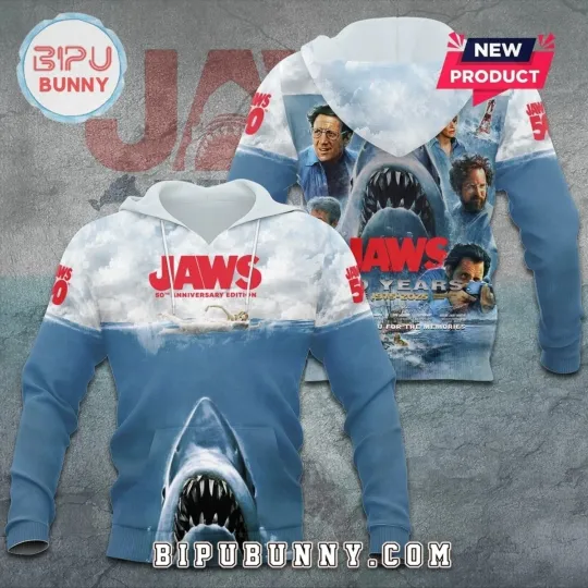 Jaws 50th Anniversary 1975-2025 3D Hoodie Jaws Shark Horror Movie