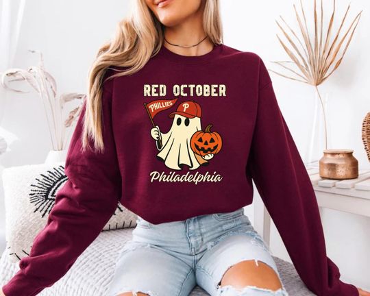 Red October Ghost Sweatshirt with Spooky Philadelphia Baseball Design