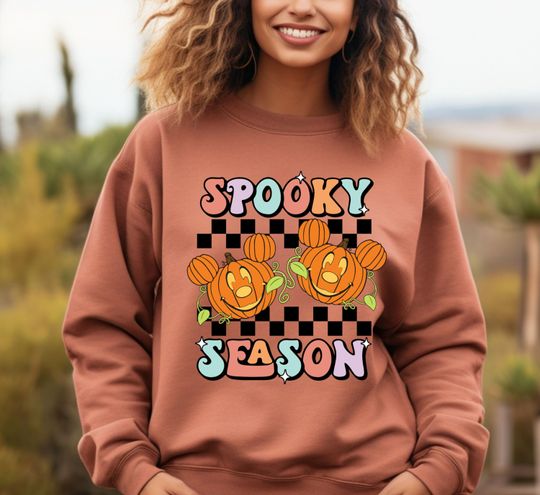 Discover Checkered Spooky Season Sweatshirt, Pumpkin Mickey Sweatshirt, Spooky Halloween Sweatshirt, Fall Sweatshirt