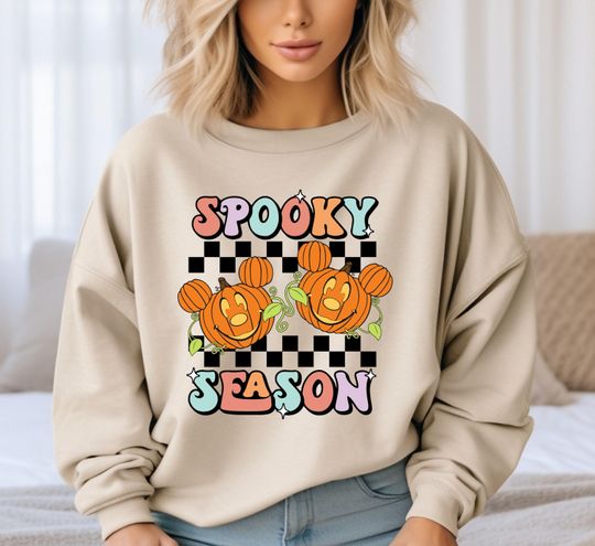 Discover Spooky Season Sweatshirt, Pumpkin Mickey Sweatshirt, Spooky Halloween Sweatshirt, Fall Sweatshirt, Checkered Pumpkin Sweatshirt