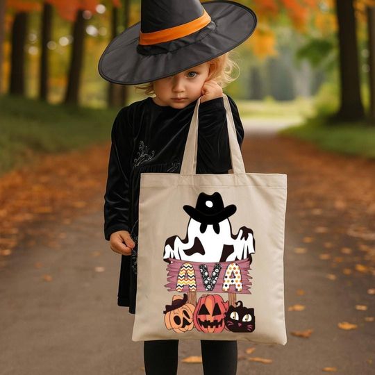 Discover Custom Halloween Tote Bag with Name, Reusable Canvas Bag with Ghosts, Pumpkins & Spooky Design, Halloween Gift for grandchildren and kids