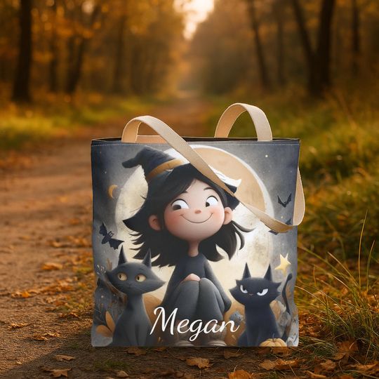 Discover Cozy Witch and  Black Cats Tote Bag | Cute Halloween Gift for Cat Moms, Teachers and Witchy Women | Fall Market Shopper, Name Option
