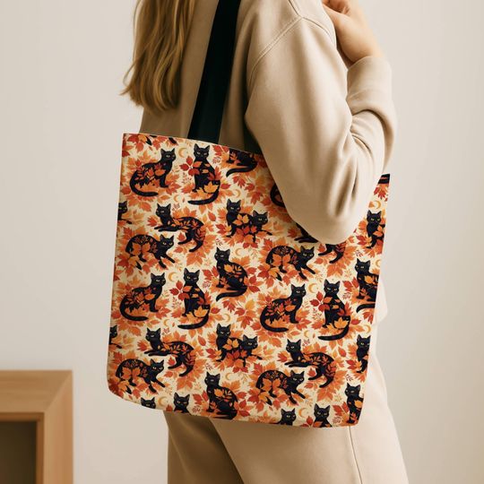 Discover Halloween Black Cat Tote Bag Fall Aesthetic Canvas Bag Spooky Season Market Bag Gift for Cat Lovers Eco Friendly Reusable Tote