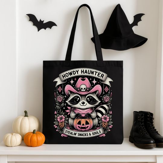 Discover Halloween Trick Or Treat Bag For Kids Cute Raccoon Tote Stealin Snacks And Souls Spooky Fall Gift Western Goth Style