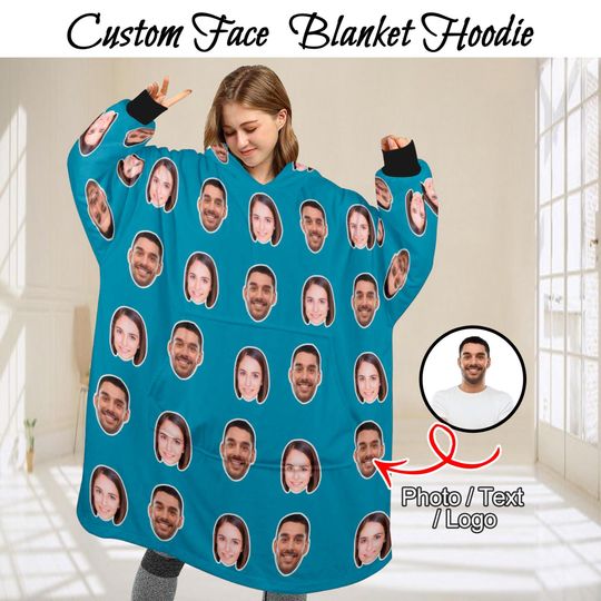 Custom Oversized Blanket Hoodie, Personalized Fcae Blanket Hoodie, Unisex Blanket Hoodie, Face Wearable Blanket Christmas Gift, Couples Gift