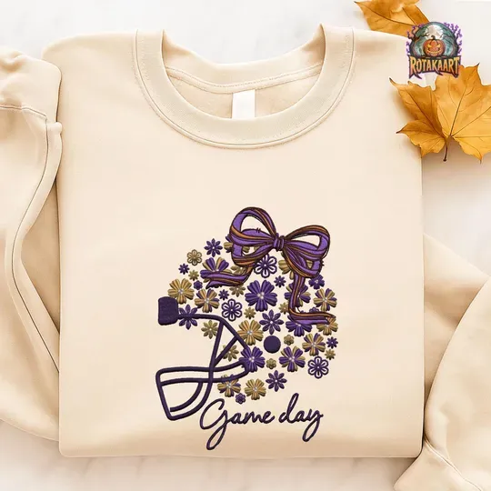 Coquette Football Embroidered Sweatshirt, Floral Football Sweatshirt, Football Mama, Cute Sports Mama Halloween Embroidered Sweatshirt