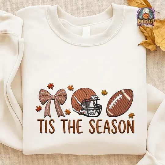 Discover Football Coquette Embroidered Sweatshirt, Tis The Season, Fall Sports, Football With Bow Halloween Embroidered Sweatshirt