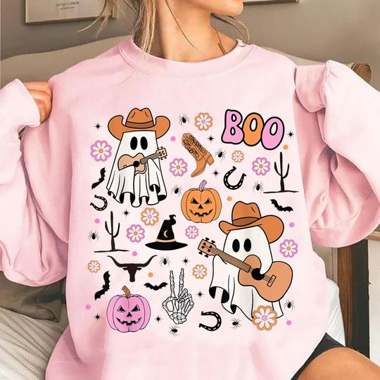 Discover Cowboy Ghosts Sweatshirt, Halloween Cowgirl Ghosts Spooky Season Western Cute Ghost Boo