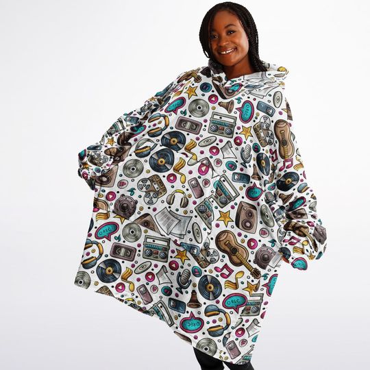 Discover Retro Music Pattern Snuggle Hoodie- Microfiber Hooded Blanket Pullover For Your Favorite Music Lover, Warm Plush Hooded Blanket, Youth Adult
