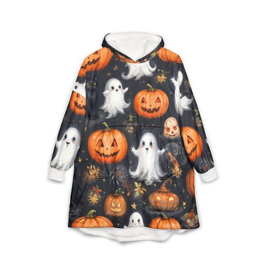 Discover Halloween Ghosts Unisex Hooded Blanket, Cozy Costume, Spooky Decor, Fall Gift, Pumpkin Blanket, Trick-or-Treat Fleece