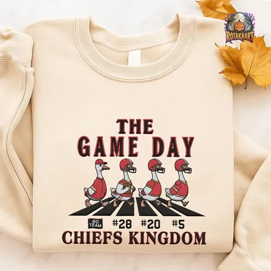 Discover Football Goose Embroidered Sweatshirt, Goose Walking Road Embroidered Shirt, Kansas City Chiefs Shirt, Chiefs Kingdom Halloween Embroidery