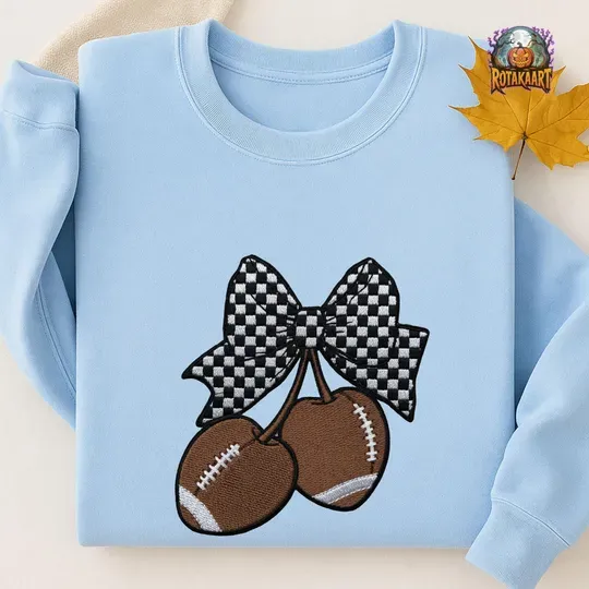 Cute Sports Ball Embroidered Sweatshirt, Cherry Coquette Embroidered Shirt, Football Coquette Shirt, Game Day Halloween Embroidery