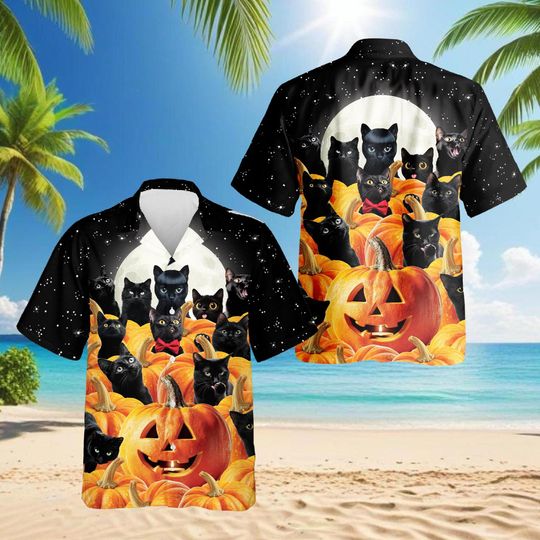 Discover Funny Pumpkin Black Cat Hawaii Shirt, Halloween 3D Hawaiian Aloha Shirt for Men, Short Sleeve Tropical Beach Vacation Shirt