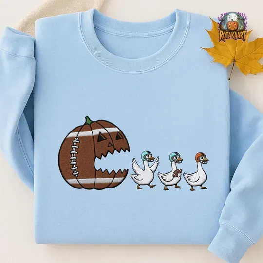 Football Goose Embroidered Sweatshirt, Chasing Ghost Goose Embroidered Shirt, Pumpkin Football Shirt, Game Day Goose Halloween Embroidery