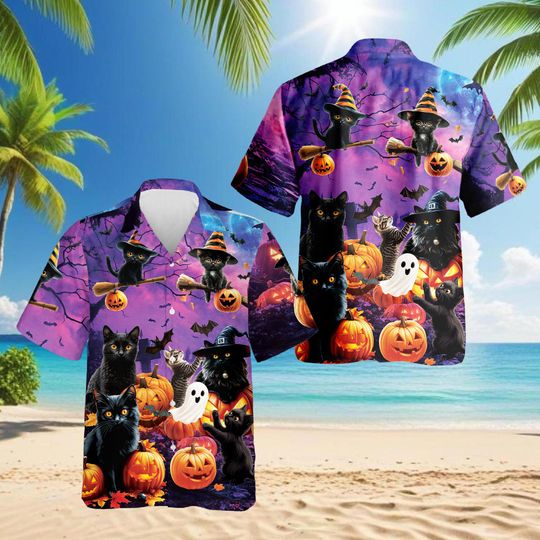 Discover Black Cat Pumpkin Halloween Hawaiian Shirt, Unisex Short Sleeve Aloha Shirt for Men Women, Spooky Tropical Beach Vacation Shirt M-5XL