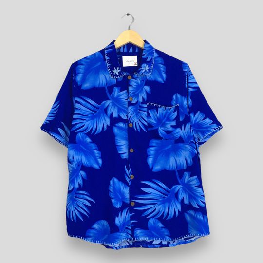 Vintage Aloha Floral Shirt, Blue Tropical Leaves