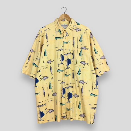 Discover Vintage Columbia Hawaiian Shirt XLarge Fish Overprint Beach Island Hawaii Columbia Sportswear Tropical Surf Shirt Yellow Buttondown Size XL