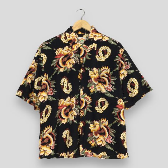 Vintage 1990s Hawaii Rayon Aloha Floral Tiki Shirt