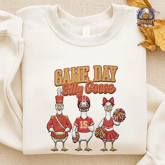 Chiefs Kingdom Embroidered Sweatshirt, Game Day Silly Goose Embroidered Shirt, Kansas City Chiefs Shirt, Football Goose Halloween Embroidery