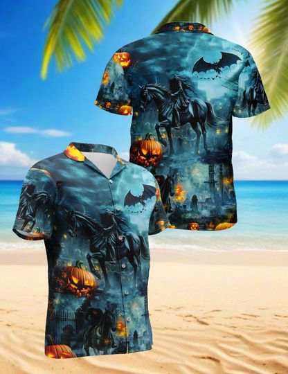 Hawaiian Aloha Shirt, Headless Horseman Halloween, Holiday Beach Party Shirt