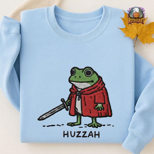 Discover Funny Frog Knight Embroidered Sweatshirt, Frog With Sword Embroidered Shirt, Huzzah Frog Shirt, Renaissance Faire Frog Halloween Embroidery