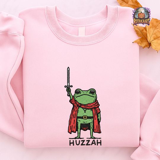 Discover Renaissance Faire Frog Embroidered Sweatshirt, Huzzah Frog Embroidered Shirt, Funny Frog Knight Shirt, Frog With Sword Halloween Embroidery