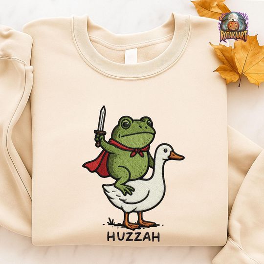 Discover Silly Goose Embroidered Sweatshirt, Huzzah Frog With Sword Embroidered Shirt, Funny Frog Knight Shirt, Cottagcore Frog Halloween Embroidery