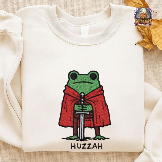 Discover Frog With Sword Embroidered Sweatshirt, Funny Frog Knight Embroidered Shirt, Huzzah Frog Shirt, Cottagcore Frog Halloween Embroidery
