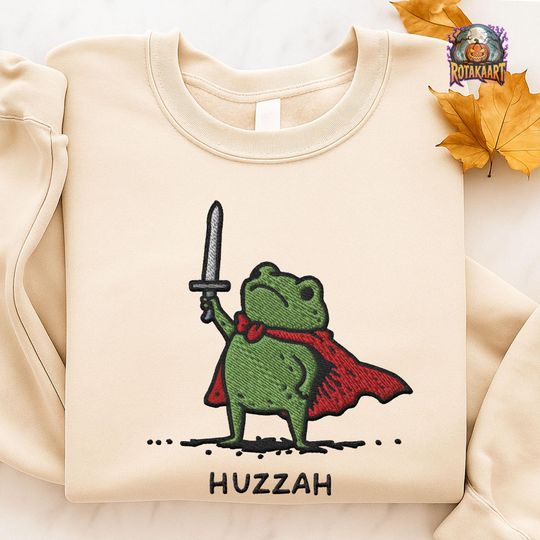 Renaissance Faire Frog Embroidered Sweatshirt, Huzzah Frog Embroidered Shirt, Frog With Sword Shirt, Funny Frog Halloween Embroidery
