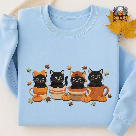 Fall Pumpkin Cat Embroidered Sweatshirt, Halloween Coffee Cat Embroidered Shirt, Cute Cat Lover Halloween Embroidery