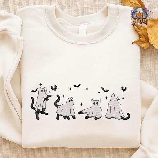 Fall Pumpkin Cat Embroidered Sweatshirt, Halloween Ghost Cat Embroidered Shirt, Cute Cat Lover Halloween Embroidery