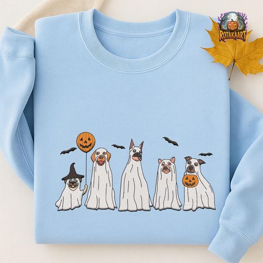 Discover Weenie Dog Embroidered Sweatshirt, Halloween Ghost Dogs Embroidered Shirt, Mummy Dog Shirt, Trick Or Treat Halloween Embroidery