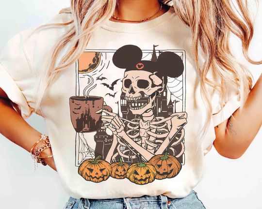 Discover Vintage  Skeleton Mickey Ears Coffee T-shirt, Disney Skeleton Sweatshirt, Disney Pumpkin Halloween Tee, Disneyland Stay Spooky Family Trip
