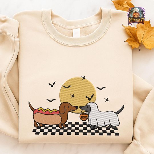 Discover Trick Or Treat Embroidered Sweatshirt, Halloween Dachshund Embroidered Shirt, Mummy Ghost Dog Shirt, Dog Lovers Halloween Embroidery