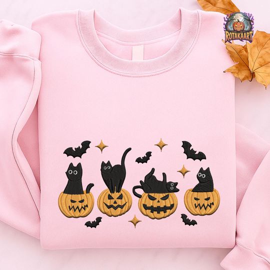 Discover Cute Cat Embroidered Sweatshirt, Pumpkin Cat Embroidered Shirt, Ghost Bat Cat Shirt, Cat Lover Halloween Embroidery