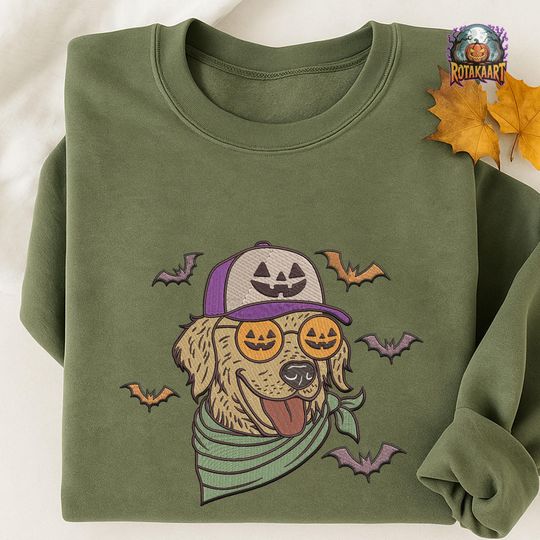 Dog Lovers Embroidered Sweatshirt, Halloween Dog Embroidered Shirt, Golden Retriever Shirt, Pumpkin Dog Moms Halloween Embroidery