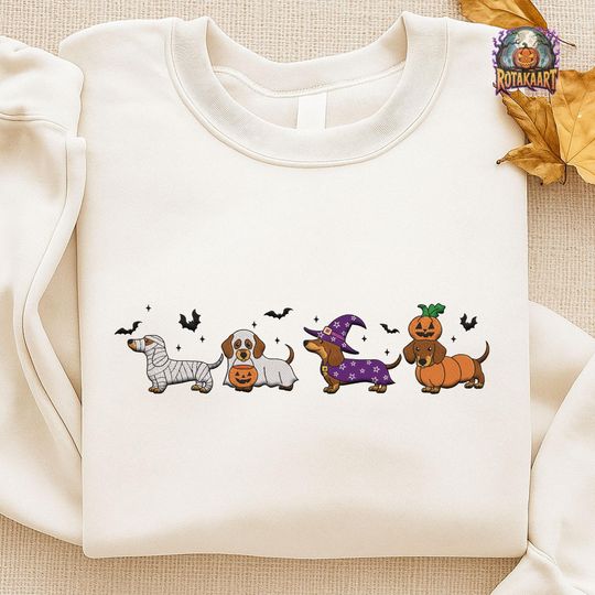 Discover Mummy Ghost Dog Embroidered Sweatshirt, Halloween Dachshund Embroidered Shirt, Weenie Dog Halloween Embroidery